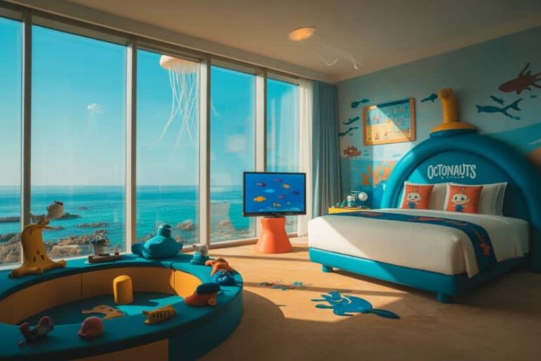 Coastal-themed kids' bedroom with floor-to-ceiling ocean views, a blue Octonauts bed, and matching pillows.