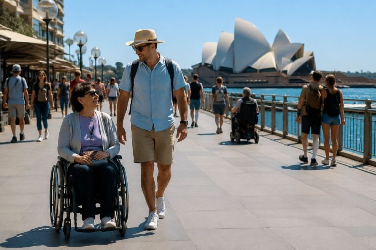 A man in a hat pushes a woman in a wheelchair along a sunny harbor promenade with the Sydney Opera House in the background.