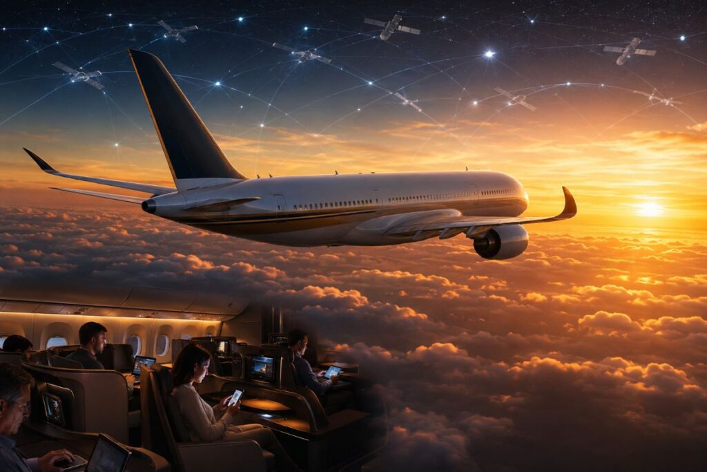 Airliner in flight above golden clouds at sunset, passengers inside using laptops and tablets.