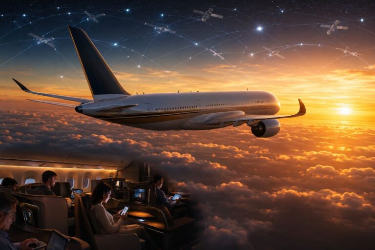 Airliner in flight above golden clouds at sunset, passengers inside using laptops and tablets.