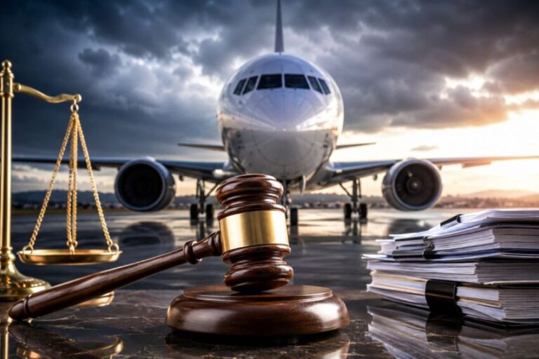 Airplane on tarmac with a judge's gavel, scales of justice, and a stack of legal documents, illustrating aviation law.