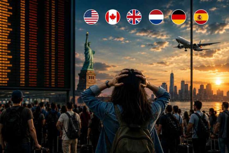 Traveler with backpack gazes at sunset over the NYC skyline and Statue of Liberty as a crowd waits, with six flags (US, Canada, UK, Netherlands, Germany, Spain) above. Iconic NYC sunset view, plane taking off, crowd of travelers, and six national flags displayed at the top. Woman with hands on her head among travelers, watching a departing plane at sunset by the Statue of Liberty and skyline. International travel scene: sunset by Manhattan skyline, busy terminal, and six country flags overhead. The image conveys travel and international connection: a traveler in a crowded terminal watching a plane depart at sunset with the Statue of Liberty in view.