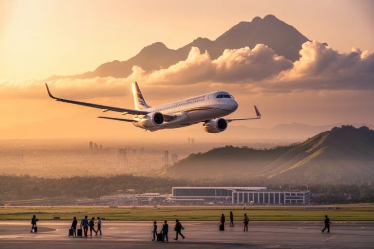 Airplane takes off from a runway at sunset, with mountains and a city skyline in the distance and people walking on the tarmac in the foreground.