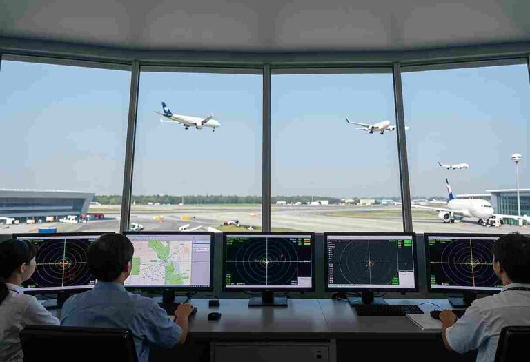 Air traffic controllers at a multi-monitor radar desk, planes taking off and landing outside the large windows during the day.