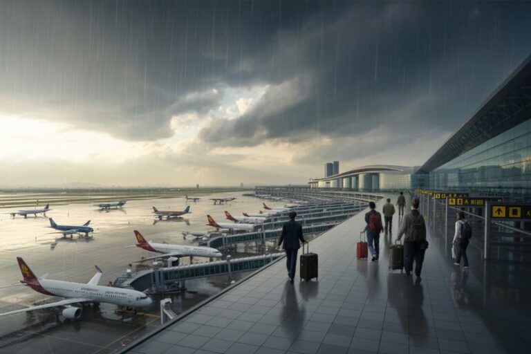 People with rolling suitcases walk along a wet airport terminal concourse beside parked airplanes in a rainy scene at sunset/overcast sky.