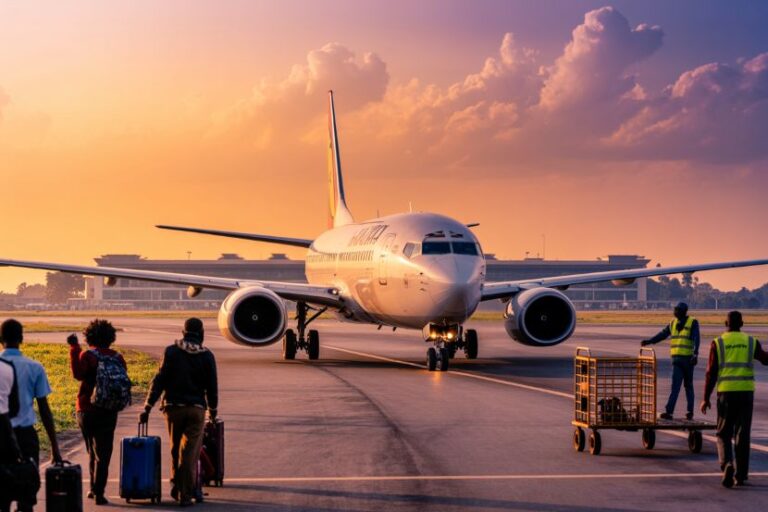 Commercial airliner taxiing on the runway at sunset with passengers waiting nearby and ground crew guiding luggage carts.