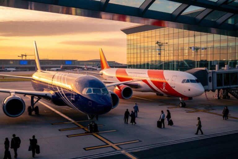 Two passenger airplanes parked at a gate on the tarmac at sunset, with travelers walking by.