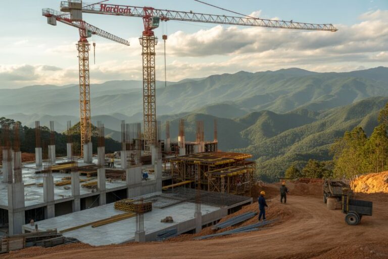 Two tower cranes over a partially built concrete structure on a hillside, with mountains in the distance.