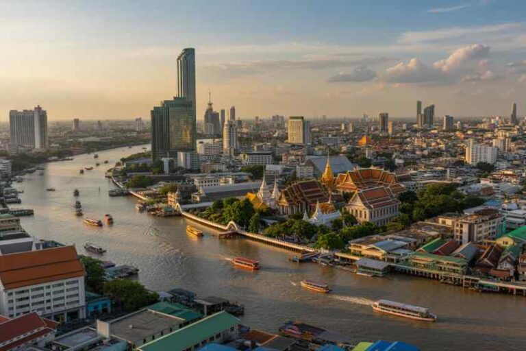 Aerial view of Bangkok along the Chao Phraya River at sunset, with the Grand Palace and modern high-rises nearby.