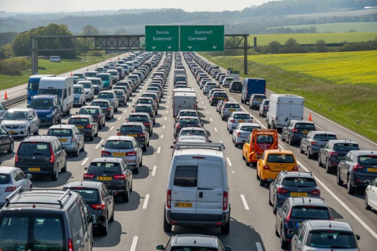 Heavy traffic on a multi-lane highway with a white van in the center lanes and an overhead green sign listing Devon, Somerset, Cornwall in the distance.