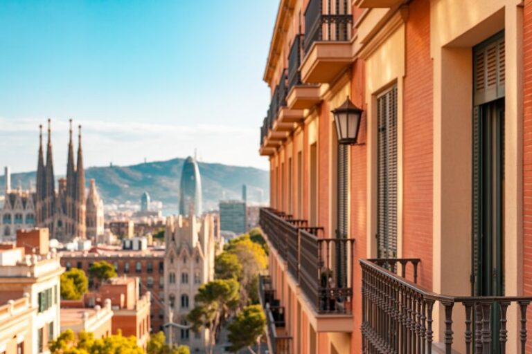 Balcony-lined street in a sunny city with gothic spires and a modern tower in the distance.”] ,