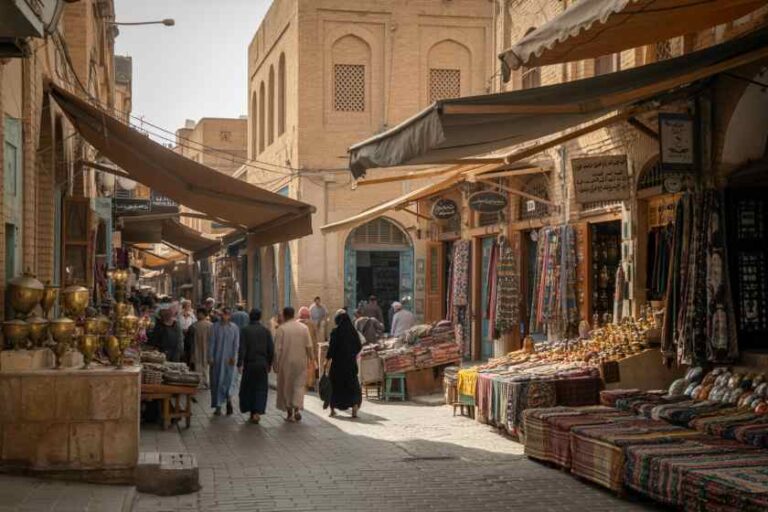Bustling Middle Eastern bazaar street with stalls of rugs and textiles under awnings, stone buildings, and shoppers walking through.