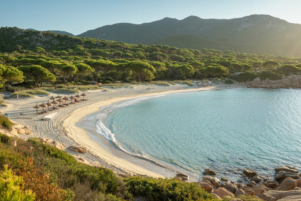 Crescent sandy beach with turquoise water, row of straw umbrellas along shore, pine forest beyond and rocky coastline under clear sky.