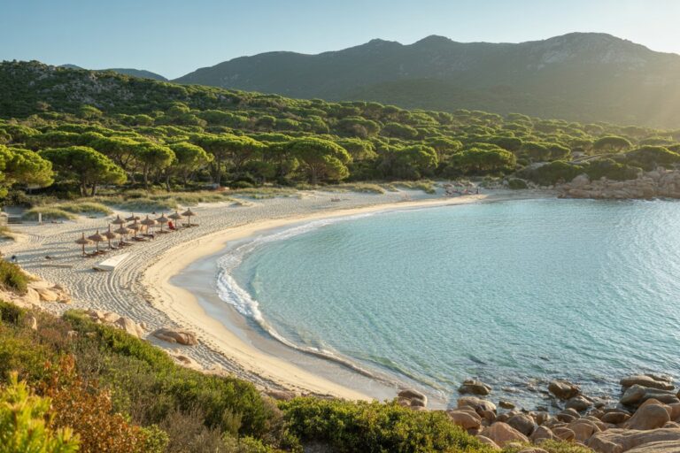 Crescent sandy beach with turquoise water, row of straw umbrellas along shore, pine forest beyond and rocky coastline under clear sky.