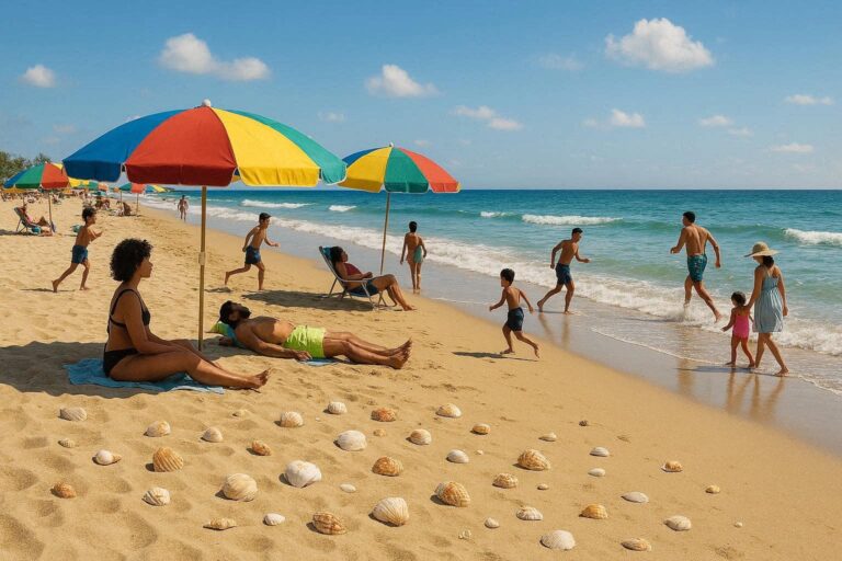 Sunlit beach scene with colorful umbrellas, sunbathers on towels, and shells scattered on the sand as waves roll in.