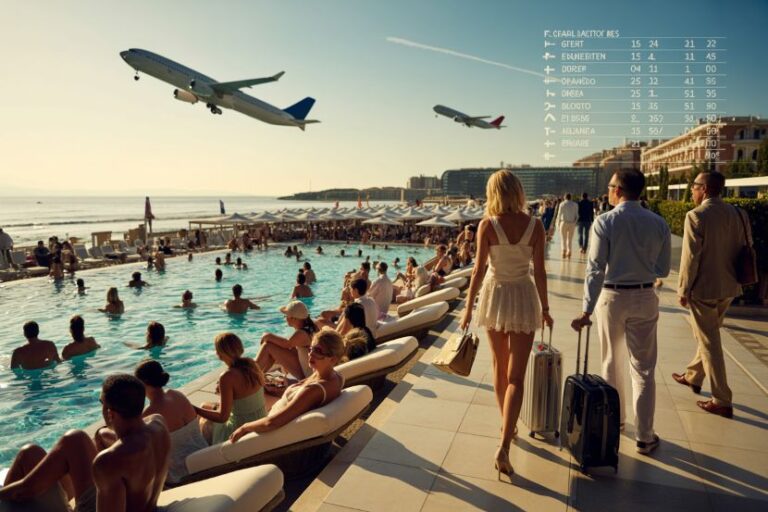 Crowded resort pool deck at sunset; a woman in a white dress pulls a rolling suitcase while two men stroll nearby as planes fly overhead.