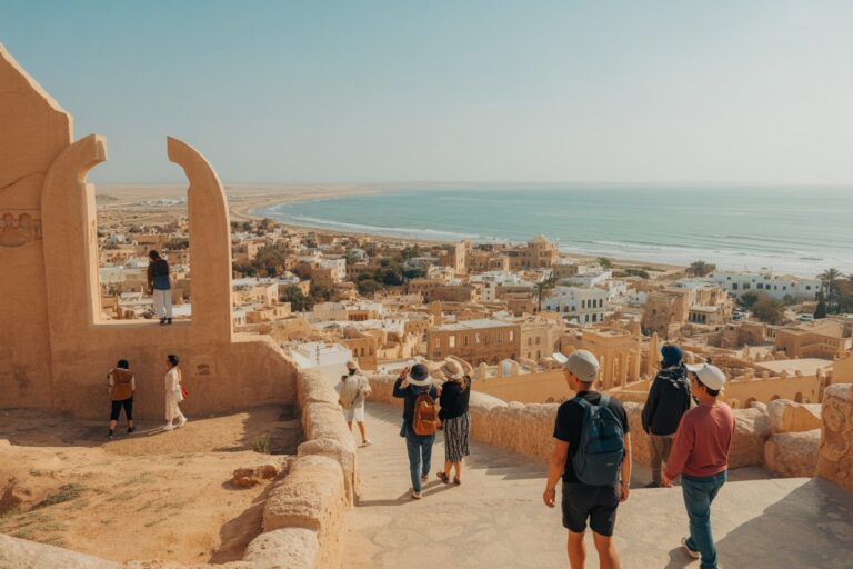 Tourists walk along a stone terrace overlooking a tan coastal town and blue sea under clear skies, with an arched structure on the left.