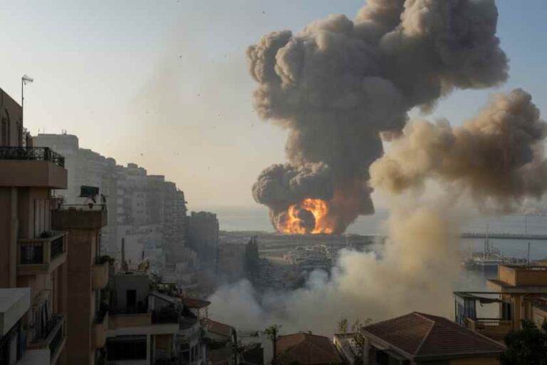 Large explosion on a coastal city street, with thick black smoke rising and flames visible near the shore.