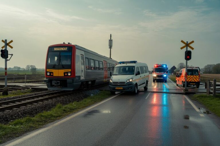 Train blocked at a level crossing with a commuter train on the tracks and multiple emergency vehicles on the road ahead, including a police van and an ambulance.