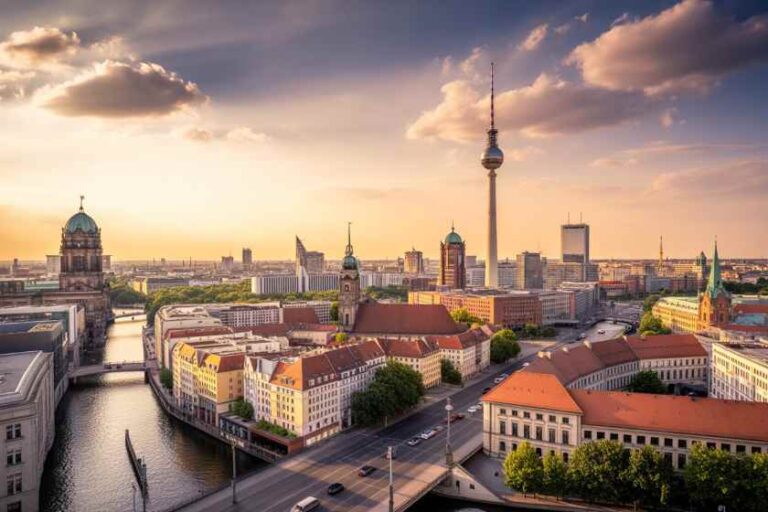 Berlin cityscape at sunset with the Fernsehturm, Spree River, and red-roofed historic buildings.