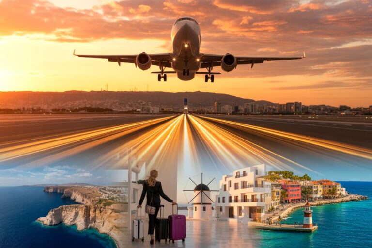 Airplane taking off at sunset over a runway, with a traveler and luggage superimposed over a coastal Mediterranean scene including white buildings, a windmill, and a lighthouse.