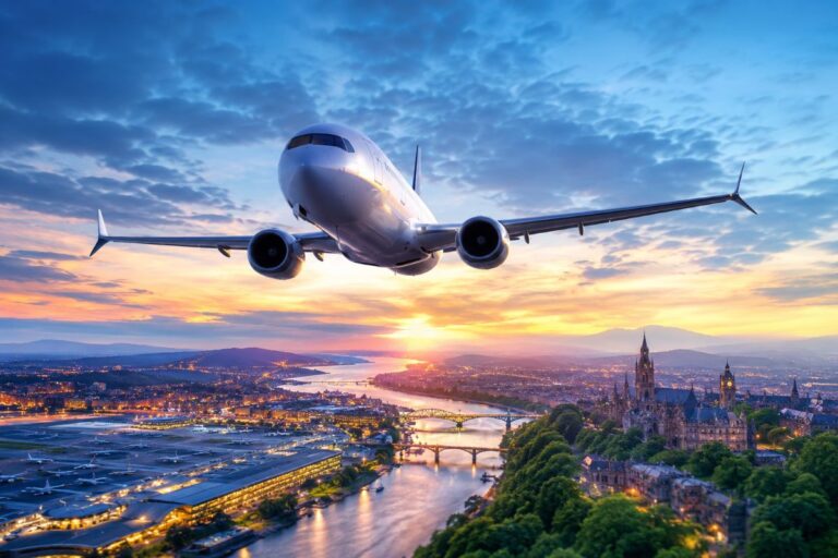 Passenger jet flying low over a river city at sunset, with bridges and a cathedral-like skyline visible in the distance.