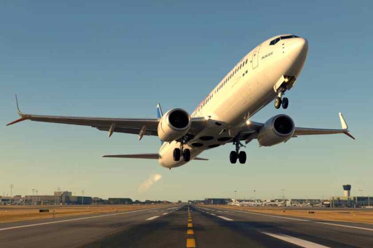 White commercial jet lifting off from a runway with gear down against a clear blue sky.