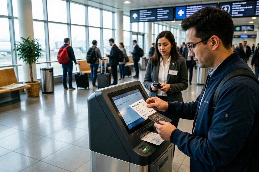 Man at a self-service kiosk scanning a boarding pass as a woman watches; travelers with luggage in a bright airport terminal.