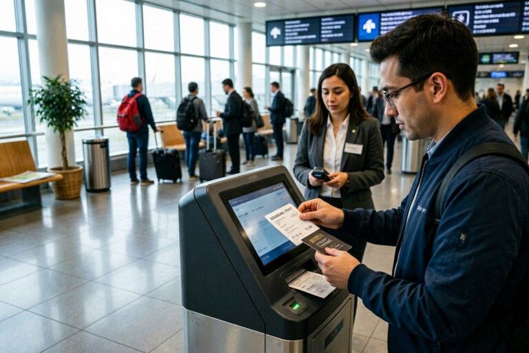 Man at a self-service kiosk scanning a boarding pass as a woman watches; travelers with luggage in a bright airport terminal.