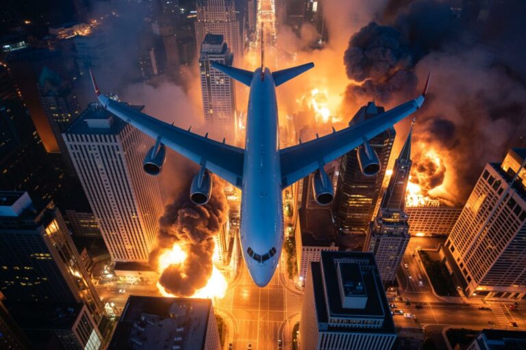Airplane flying above a city as flames and thick smoke erupt from burning buildings below.