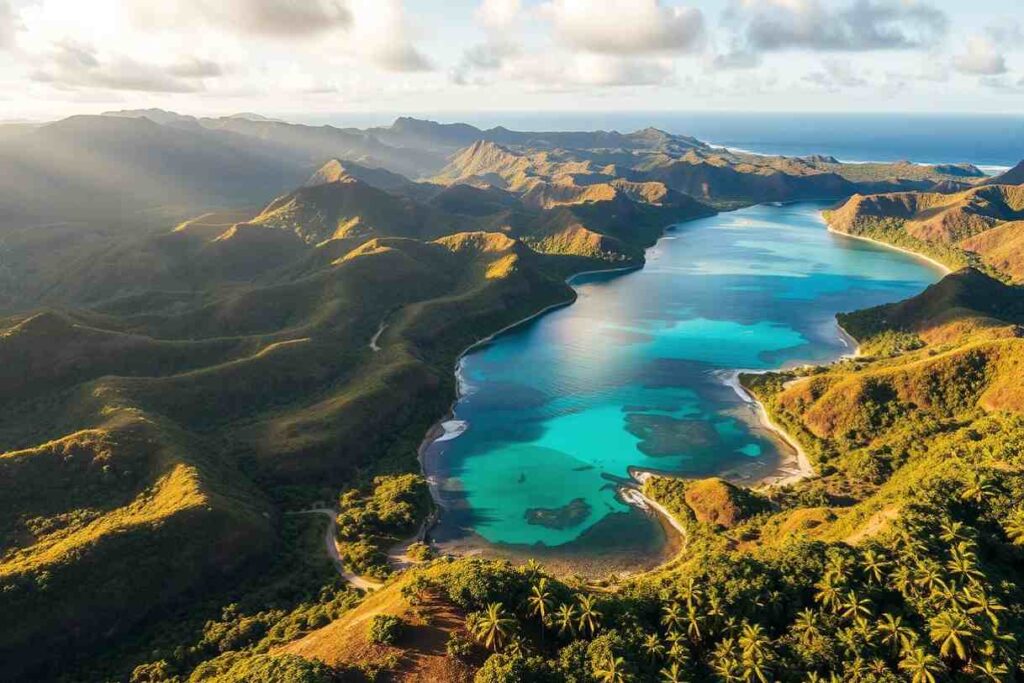 Aerial view of a turquoise coastal lagoon winding through lush green hills under a partly cloudy sky.
