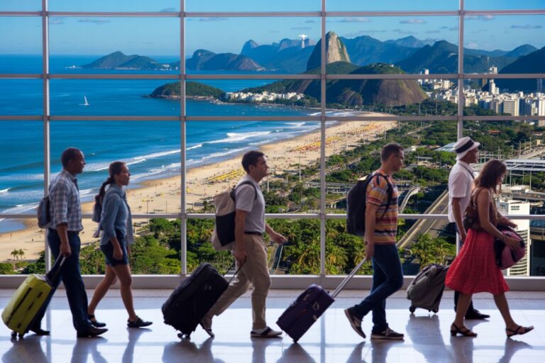 Travelers with rolling suitcases walk through an airport terminal, with a large window revealing Rio de Janeiro's coastline, beach, and hills in the distance.