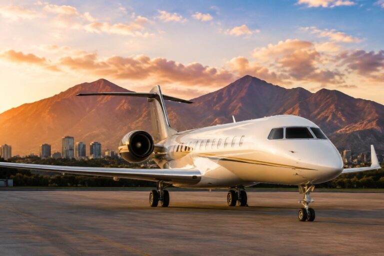 Private jet on the tarmac at sunset with mountains and city skyline in the background, reflecting warm light on the fuselage