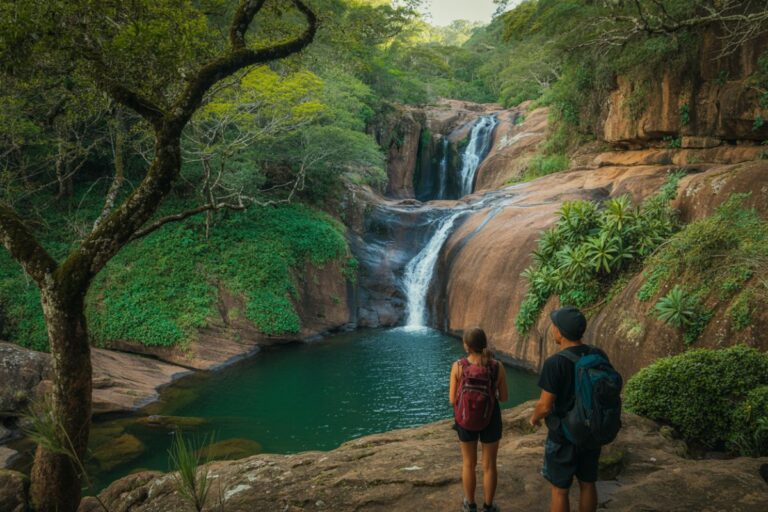 Two hikers with backpacks stand on rocks, watching a small multi-level waterfall flow into a green pool amid dense jungle greenery.