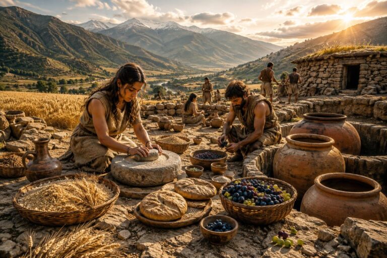 Woman grinding grain on a stone mill beside clay pots and baskets of bread and fruit in a rustic hillside courtyard with mountains in the distance at sunset.