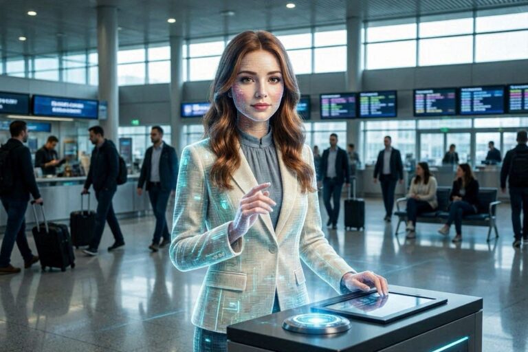 Woman in a blazer using a touchscreen kiosk at a busy airport terminal with travelers in the background in a futuristic setting.