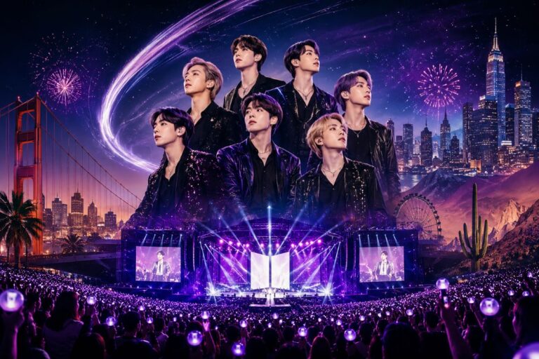 Huge stadium concert at night with purple lighting; a boy band is projected above the stage, with fireworks and a city skyline in the background, and the audience waving purple light sticks.