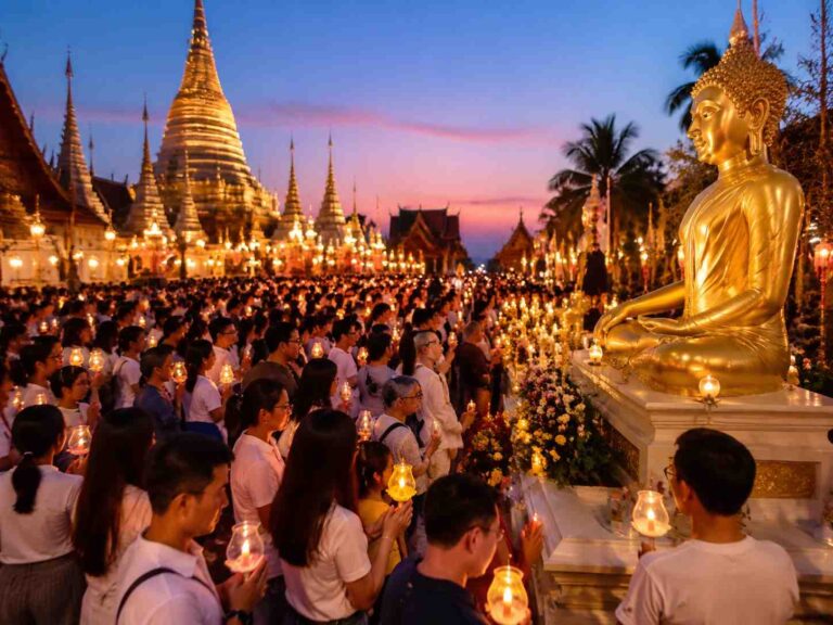 Crowd of worshippers holding lit candles around a golden Buddha statue at a temple courtyard at dusk.