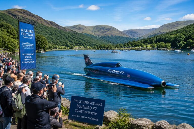 Crowd of spectators filming as a bright blue Bluebird K7 speedboat glides on Coniston Water during a festival.