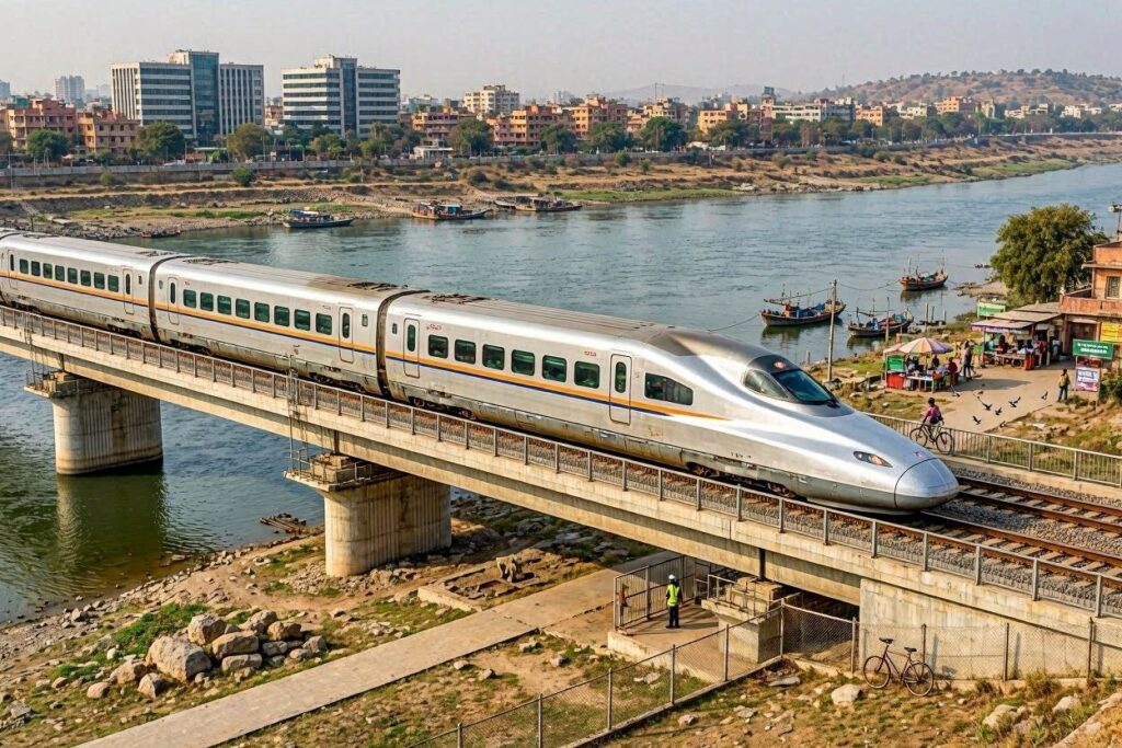 A sleek silver high-speed train crossing a concrete bridge over a wide river with an urban skyline in the background.