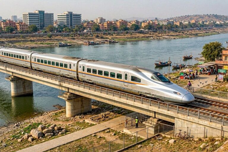 A sleek silver high-speed train crossing a concrete bridge over a wide river with an urban skyline in the background.