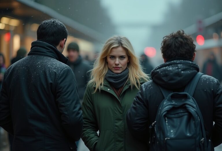 A woman with blonde hair wearing a green parka and scarf stands between two people on a snowy city street, looking directly at the camera.