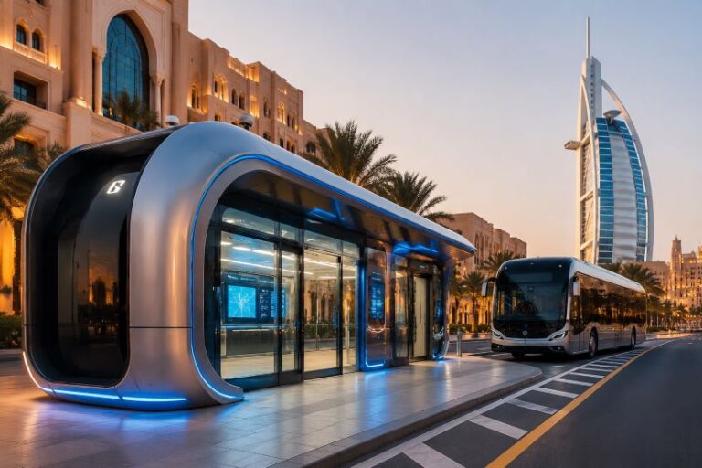 Futuristic silver bus stop with glass walls and blue lighting, a sleek white bus waiting at the curb on a palm-lined city street at sunset.