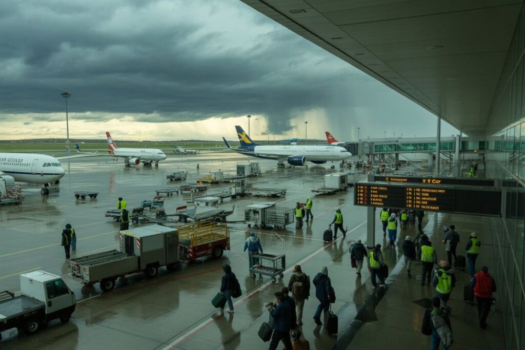 Airport terminal window view of a rainy tarmac with several airplanes parked at gates and ground crew moving baggage carts and passengers walking with luggage under dark stormy clouds.
