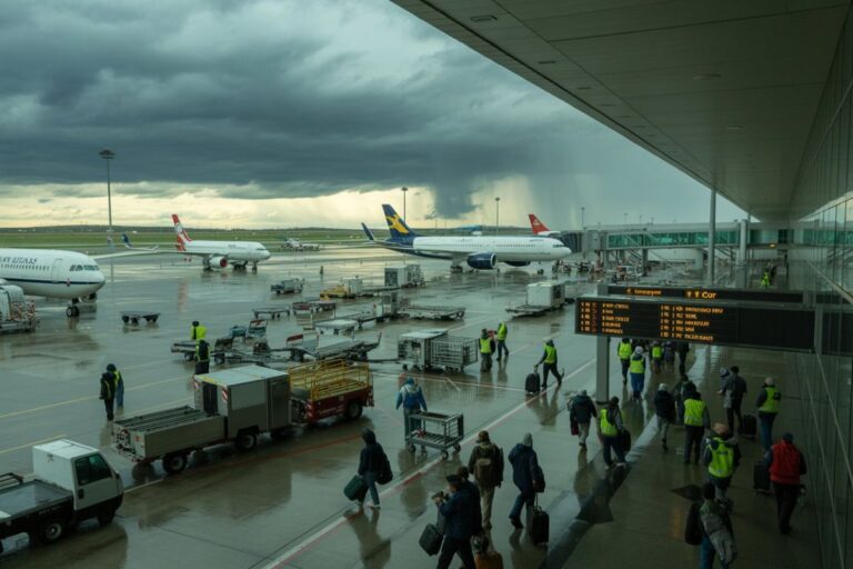 Airport terminal window view of a rainy tarmac with several airplanes parked at gates and ground crew moving baggage carts and passengers walking with luggage under dark stormy clouds.