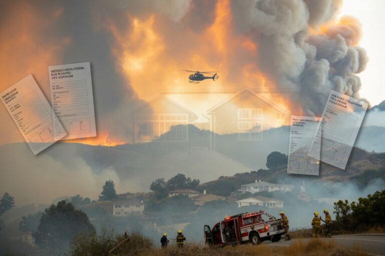 Hillside wildfire with flames and smoke, firefighters and a fire truck, a helicopter overhead, and floating documents in the air.