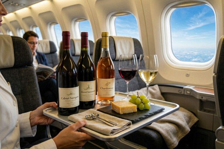 Flight attendant presents a tray of wine on a plane: three bottles, cheese, grapes, and two glasses with a blue sky outside the window restfully visible behind.