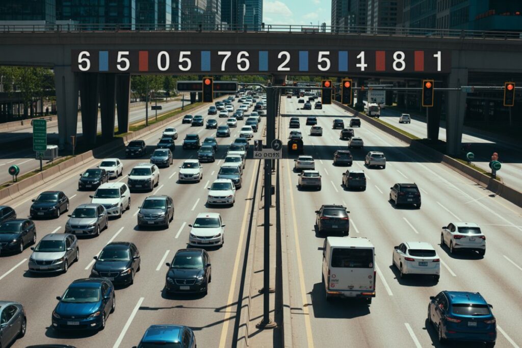 Aerial view of a busy multi-lane city highway with cars in both directions under a bridge displaying large numeric signs above the road.