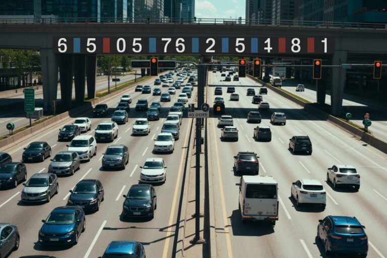 Aerial view of a busy multi-lane city highway with cars in both directions under a bridge displaying large numeric signs above the road.