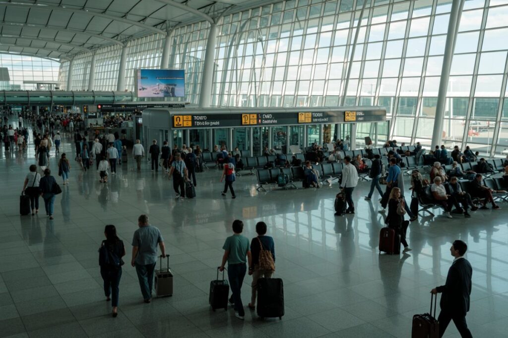 Busy airport terminal with travelers pulling luggage past check-in counters under signage and large glass walls.